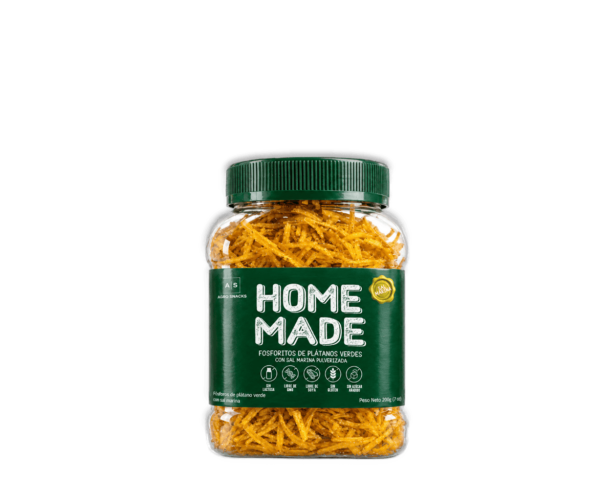 Fósforos de plátano verde Agro Snacks en tarro de 200 g, línea Home Made, snack artesanal colombiano